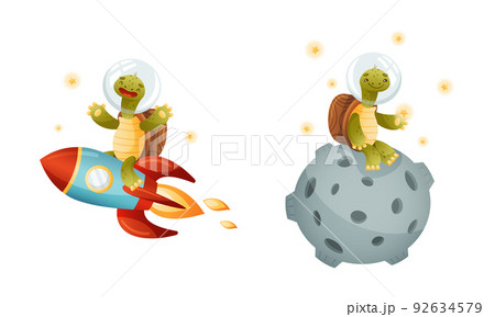 Cute Green Turtle in Outer Space Flying Rocket and Moon Waving Paw Vector Set 92634579