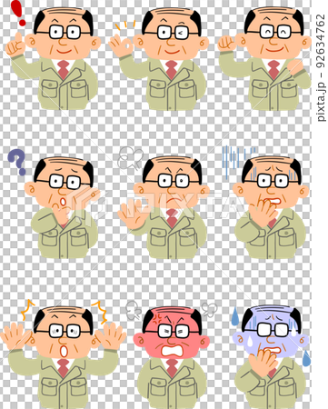Workwear middle-aged man _ upper body _ set of nine facial expressions and poses 92634762
