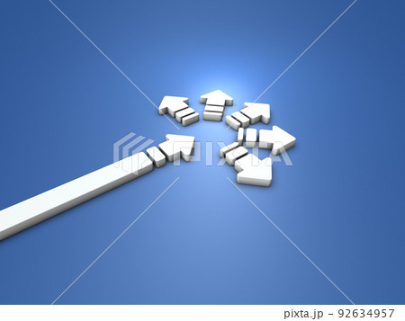 進路の途中から複数の方向に向いた矢印。可能性に満ちた自由な選択肢を表す抽象的なコンセプト 92634957