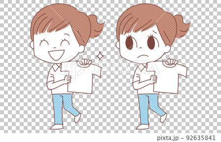 A woman holding a T-shirt, 2 facial expressions A woman holding a T-shirt, 2 facial expressions 92635841