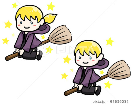 箒に乗った魔法使いのイラスト(白人男女)のイラスト素材 [92636052