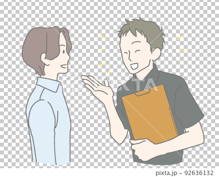 A young clerk and a male customer serving customers pleasantly with a smile 92636132
