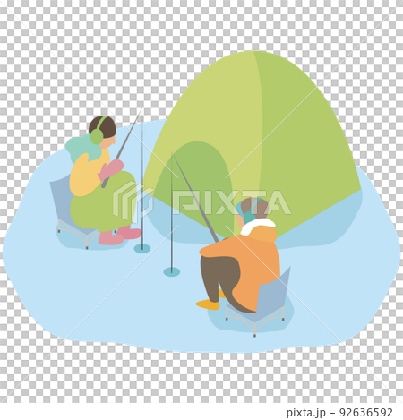 北海道で氷上のわかさぎ釣りをするカップル 北海道で氷上のわかさぎ釣りをするカップル 92636592