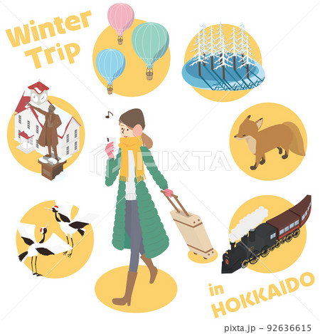 冬の北海道旅行を楽しむ女性のアイソメイラスト 92636615