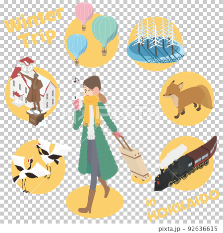 一名婦女在冬天享受北海道之旅的等距插圖 92636615