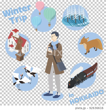 冬の北海道旅行を楽しむ男性のアイソメイラスト 冬の北海道旅行を楽しむ男性のアイソメイラスト 92636616
