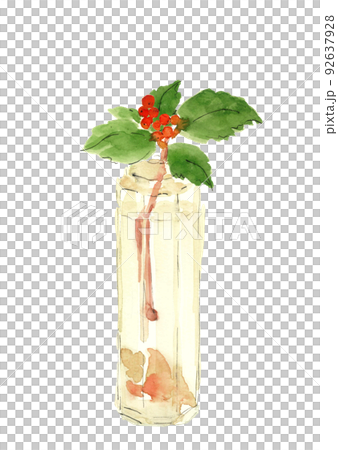 細い瓶に生けた千両（センリョウ）【手描き水彩画】白バック 透過背景 92637928