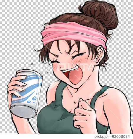 お風呂上りの一杯に喜んでいる女性 92638084