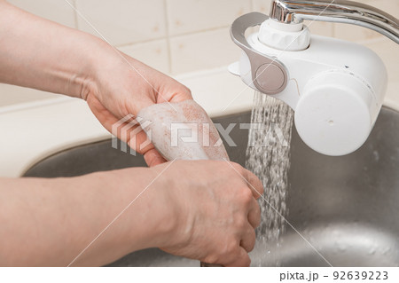 【ミドル主婦がスルメイカをさばく　胴体の中を洗う】 92639223