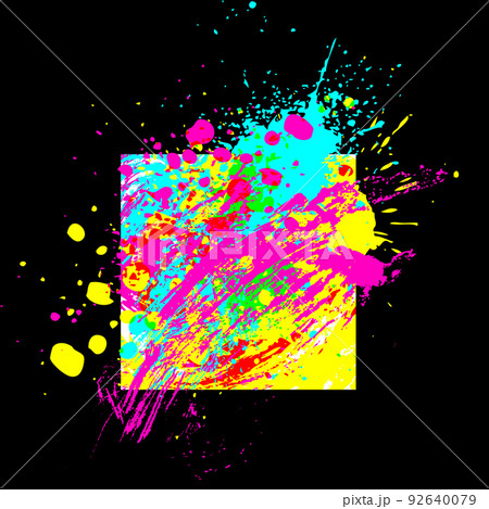 Abstract art paint ink splash, colorful blobs, drops and brush strokes on black background. Jpeg grunge illustration, design template for creative 92640079