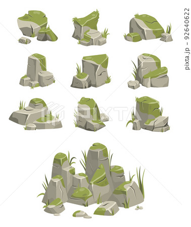 3d rock stone formations. Small boulder mountain with grass and moss, big icon with rocky texture, heavy rough piles. Cobblestones of various shapes, hard rock rubbles. Vector cartoon background 3d rock stone formations. Small boulder mountain with grass and moss, big icon with rocky texture, heavy rough piles. Cobblestones of various shapes, hard rock rubbles. Vector cartoon background 92640622