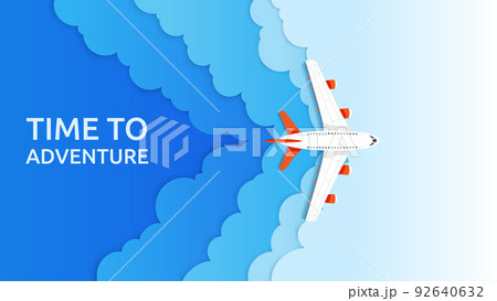 3d plane paper art. Travel flight in sky, business aviation in clouds, world vacation trip with air wings. Horizontal banner, aerial transport. Airplane trip. Summer vacations vector design concept 92640632