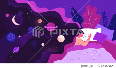 Abstract deep dream. Woman sleeps. Person in night cloud. Art space. Happy emotion. Magic scene. Female hair with galaxy planets. Flat design elements. Girl lying on bed. Vector nighttime rest concept Abstract deep dream. Woman sleeps. Person in night cloud. Art space. Happy emotion. Magic scene. Female hair with galaxy planets. Flat design elements. Girl lying on bed. Vector nighttime rest concept 92640782
