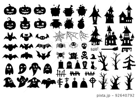 Halloween icons. Black silhouette ghosts. Spooky wizard houses. Pumpkin and bat. Witch broom. Scary tombstone and grave fence. Spider web. Creepy animals. Potion cauldron. Vector isolated symbols set Halloween icons. Black silhouette ghosts. Spooky wizard houses. Pumpkin and bat. Witch broom. Scary tombstone and grave fence. Spider web. Creepy animals. Potion cauldron. Vector isolated symbols set 92640792