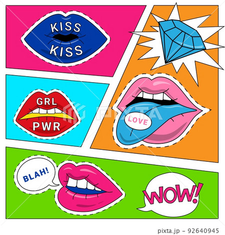 Pop art. Female lips abstract card. Woman mouth with bright lipstick with speech bubbles, trendy girl face part, sexy smile, comic retro poster or card, stickers collection. Vector comic background 92640945