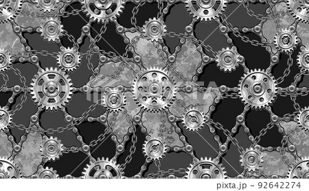 Seamless camouflage pattern with gearwheels, rivets chains, metallic surface. Vintage industrial background. Creative concept for t-shirt design, apparel, fabric, textile, sport goods, surface design. Seamless camouflage pattern with gearwheels, rivets chains, metallic surface. Vintage industrial background. Creative concept for t-shirt design, apparel, fabric, textile, sport goods, surface design. 92642274