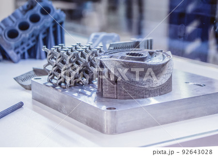 Man is holding object printed on metal 3d printer. Object printed in laser sintering machine. Modern 3D printer printing from metal powder. Progressive additive DMLS, SLM, SLS 3d printing technology Man is holding object printed on metal 3d printer. Object printed in laser sintering machine. Modern 3D printer printing from metal powder. Progressive additive DMLS, SLM, SLS 3d printing technology 92643028
