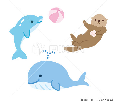 かわいい海の生き物のイラストセットイルカ　クジラ　ラッコ　素材 92645638