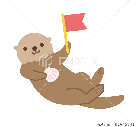 旗を持ったかわいいラッコのイラスト　素材 92645641