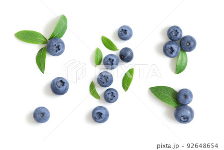 Set of blueberries isolated on white background. Blueberry berries with green leaves. Bilberry, huckleberry. Top view, flat lay. 92648654