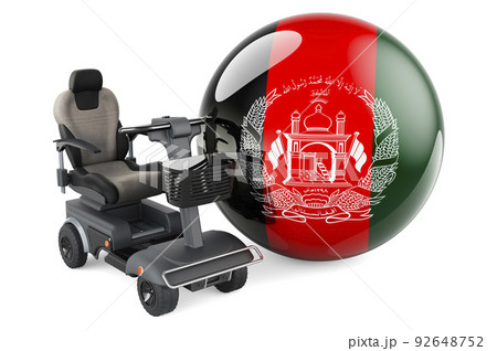 Afghan flag with indoor powerchair or electric wheelchair, 3D rendering 92648752