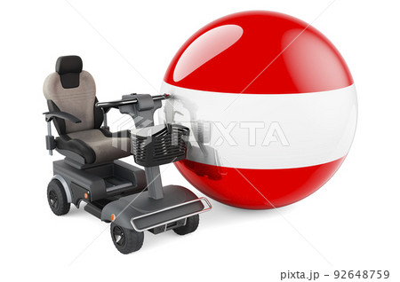 Austrian flag with indoor powerchair or electric wheelchair, 3D rendering Austrian flag with indoor powerchair or electric wheelchair, 3D rendering 92648759