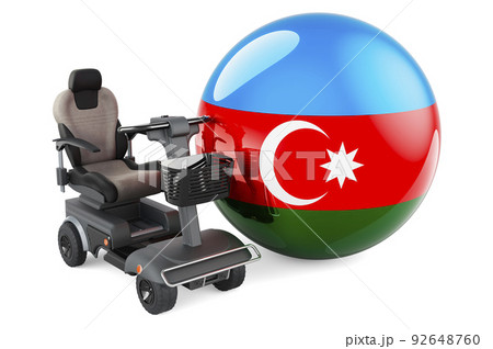 Azerbaijani flag with indoor powerchair or electric wheelchair, 3D rendering Azerbaijani flag with indoor powerchair or electric wheelchair, 3D rendering 92648760