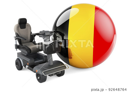 Belgian flag with indoor powerchair or electric wheelchair, 3D rendering 92648764