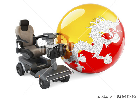 Bhutanese flag with indoor powerchair or electric wheelchair, 3D rendering Bhutanese flag with indoor powerchair or electric wheelchair, 3D rendering 92648765