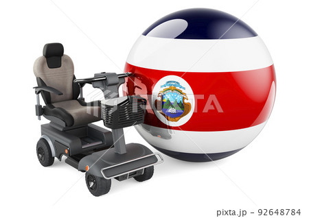 Costa Rican flag with indoor powerchair or electric wheelchair, 3D rendering Costa Rican flag with indoor powerchair or electric wheelchair, 3D rendering 92648784