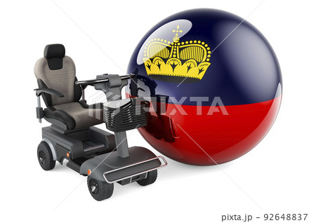 Liechtensteiner flag with indoor powerchair or electric wheelchair, 3D rendering Liechtensteiner flag with indoor powerchair or electric wheelchair, 3D rendering 92648837