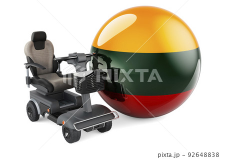Lithuanian flag with indoor powerchair or electric wheelchair, 3D rendering 92648838