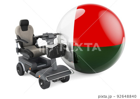 Madagascar flag with indoor powerchair or electric wheelchair, 3D rendering Madagascar flag with indoor powerchair or electric wheelchair, 3D rendering 92648840