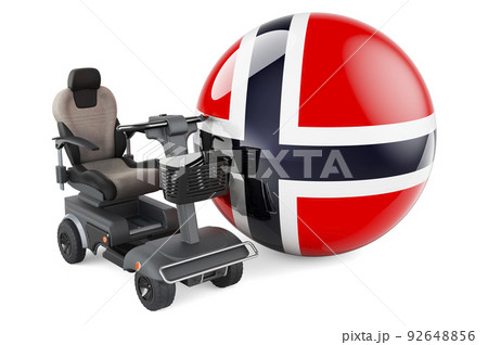 Norwegian flag with indoor powerchair or electric wheelchair, 3D rendering Norwegian flag with indoor powerchair or electric wheelchair, 3D rendering 92648856