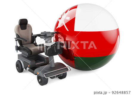 Omani flag with indoor powerchair or electric wheelchair, 3D rendering 92648857
