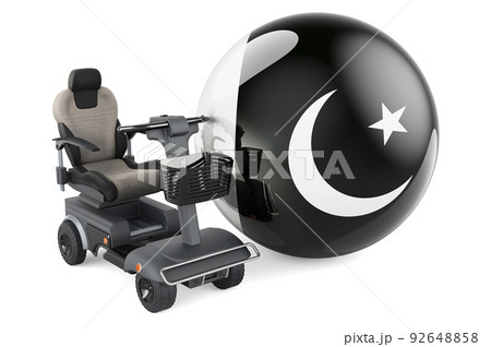 Pakistani flag with indoor powerchair or electric wheelchair, 3D rendering Pakistani flag with indoor powerchair or electric wheelchair, 3D rendering 92648858