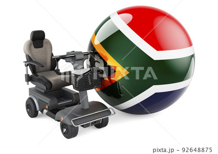 South African flag with indoor powerchair or electric wheelchair, 3D rendering South African flag with indoor powerchair or electric wheelchair, 3D rendering 92648875