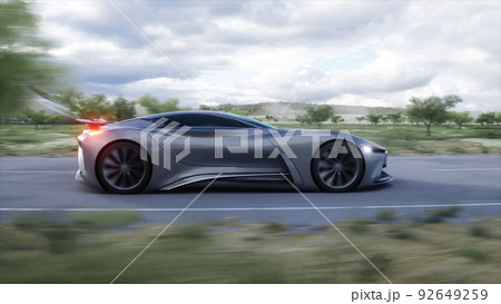 Futuristic sport car very fast driving on highway. Futuristic city concept. 3d rendering. 92649259