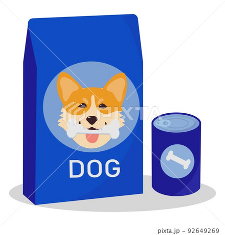 Dry dog food in a bag and canned food. Vector flat illustration. Dry dog food in a bag and canned food. Vector flat illustration. 92649269