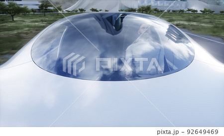 Futuristic electric car very fast driving on highway. Futuristic city concept. 3d rendering. 92649469