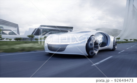 Futuristic electric car very fast driving on highway. Futuristic city concept. 3d rendering. 92649473