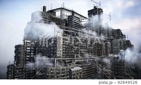 Apocalyptic city build. Overpopulation problem. Realistic 4k animation. 3d rendering. 92649526
