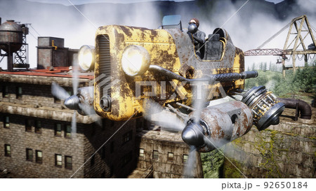 Fantasy fairy cyberpunk city. Girl in flying car. Postapocalypde concept. 3d rendering. Fantasy fairy cyberpunk city. Girl in flying car. Postapocalypde concept. 3d rendering. 92650184