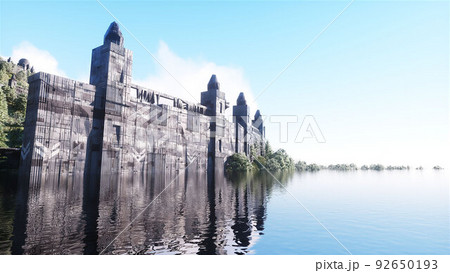 Fantasy fairy cyberpunk castle, palace in ocean. Postapocalypde concept. 3d rendering. 92650193
