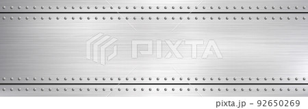 Metal rivets wide texture. Polished steel with light effect. Scratched metallic background. Metal alloy frame. Bright industrial template. Vector illustration 92650269