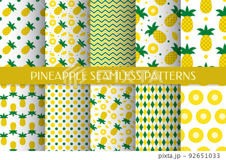 Set of 10 pineapple seamless patterns. Summer tropical fruit vector background bundle.  Vector template for fabric, textile, wallpaper, wrapping paper, etc 92651033