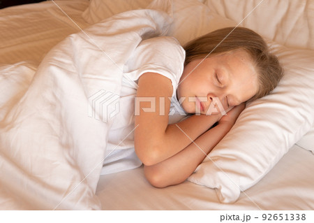 Sleep young phone mobile beautiful girl bed blanket eyes morning, from female cell for dream for smile bedding, room relaxation. One breathing day, 92651338