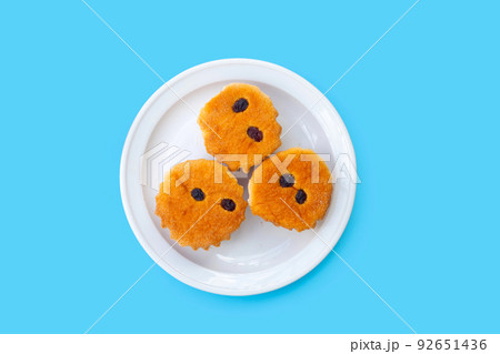 Mini castella cake on blue background. 92651436