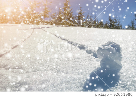 Beautiful winter Christmas landscape. Steep mountain hill slope with human track path in crystal deep snow and green spruce trees, colorful large snowflakes on clear blue sky copy space background. 92651986