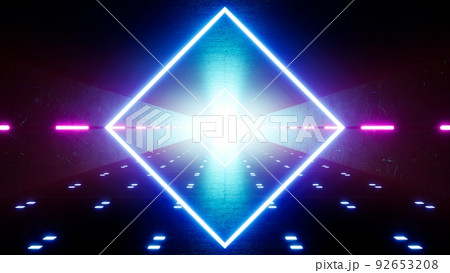 Diamond Shape Blue Light Structure in the Futuristic Neon Light Tunnel Diamond Shape Blue Light Structure in the Futuristic Neon Light Tunnel 92653208